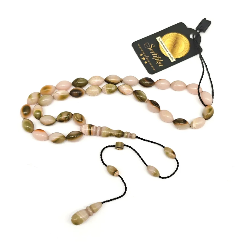 Sıkma Kehribar Hareli Yeşil Arpa Kesim Tesbih HA18 - 1