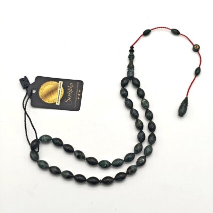 Sıkma Kehribar Hareli Yeşil Arpa Kesim Tesbih HA8 - Logosuz Ürünler