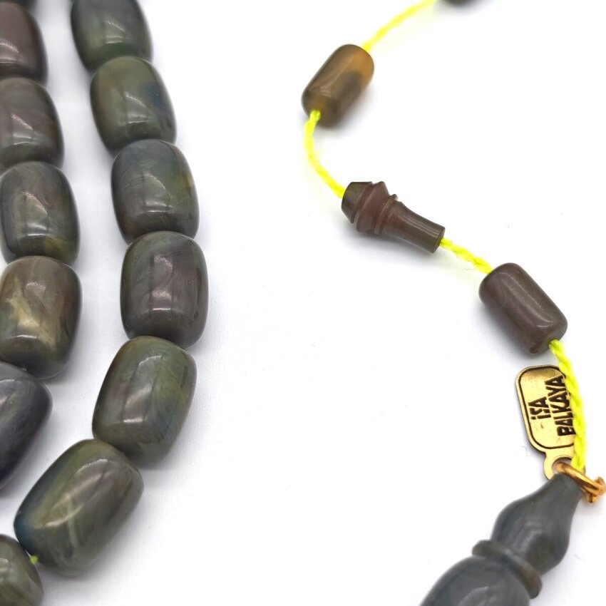 Sıkma Kehribar Hareli Yeşil Kapsül Kesim Tesbih iB4 - 2