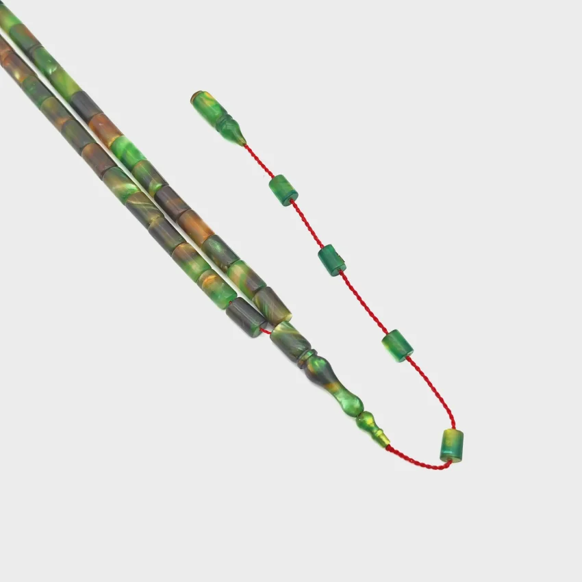 Sıkma Kehribar Hareli Yeşil Kapsül Kesme Tesbih HA29 - 1