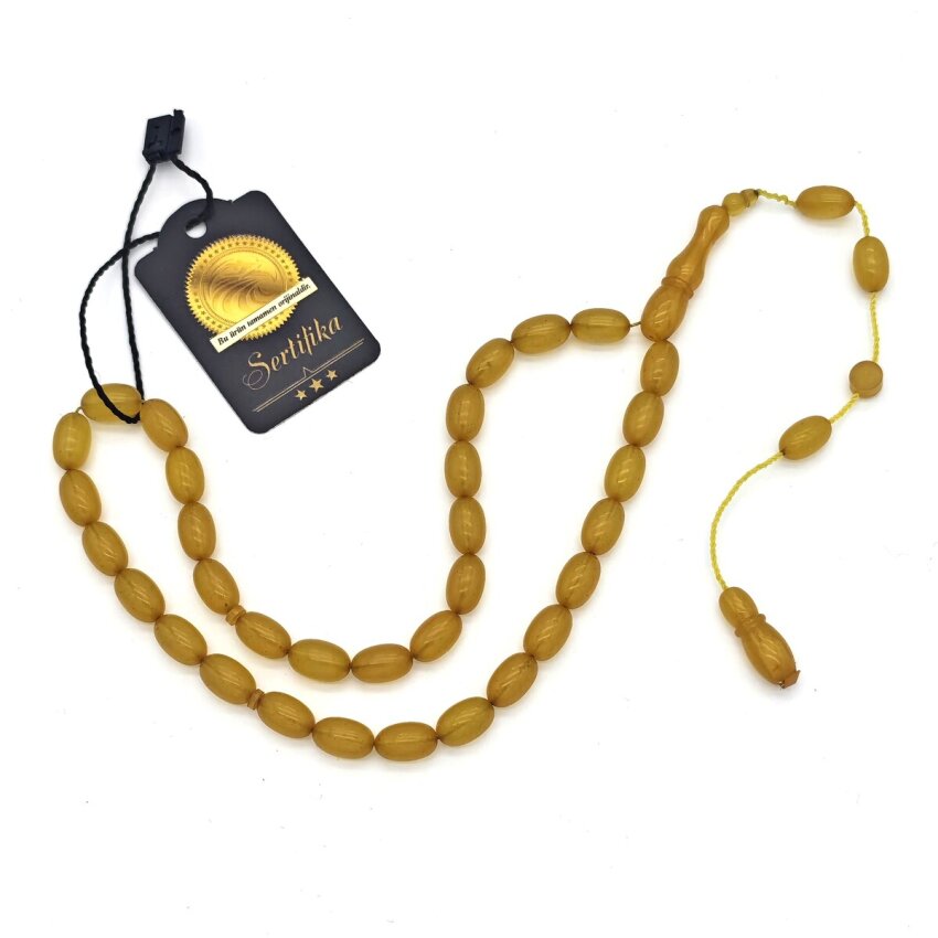 Sıkma Kehribar Sarı Arpa Kesim Tesbih HA11 - 1