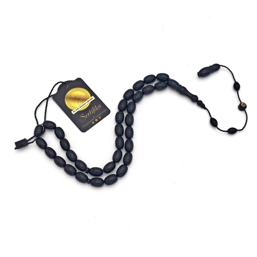 Sıkma Kehribar Siyah Beyzi Kesim Tesbih HA12 - 1
