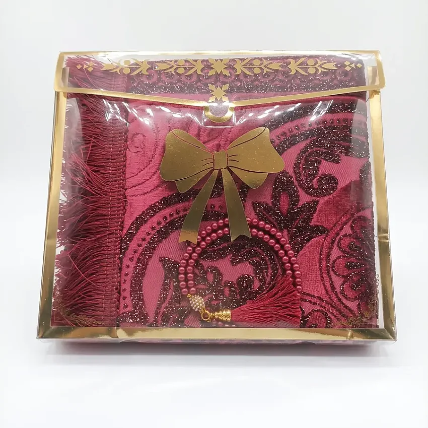 Simli Kutulu Seccade & Tesbih Seti 70x115 500 Gr Bordo M1 - 1