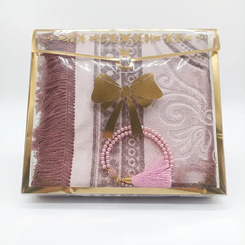 Simli Kutulu Seccade & Tesbih Seti 70x115 500 Gr Pembe M1 - 1