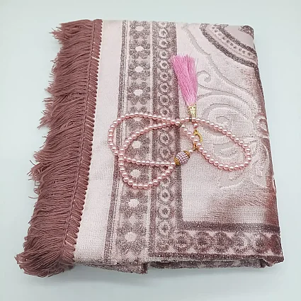 Simli Kutulu Seccade & Tesbih Seti 70x115 500 Gr Pembe M1 (1)