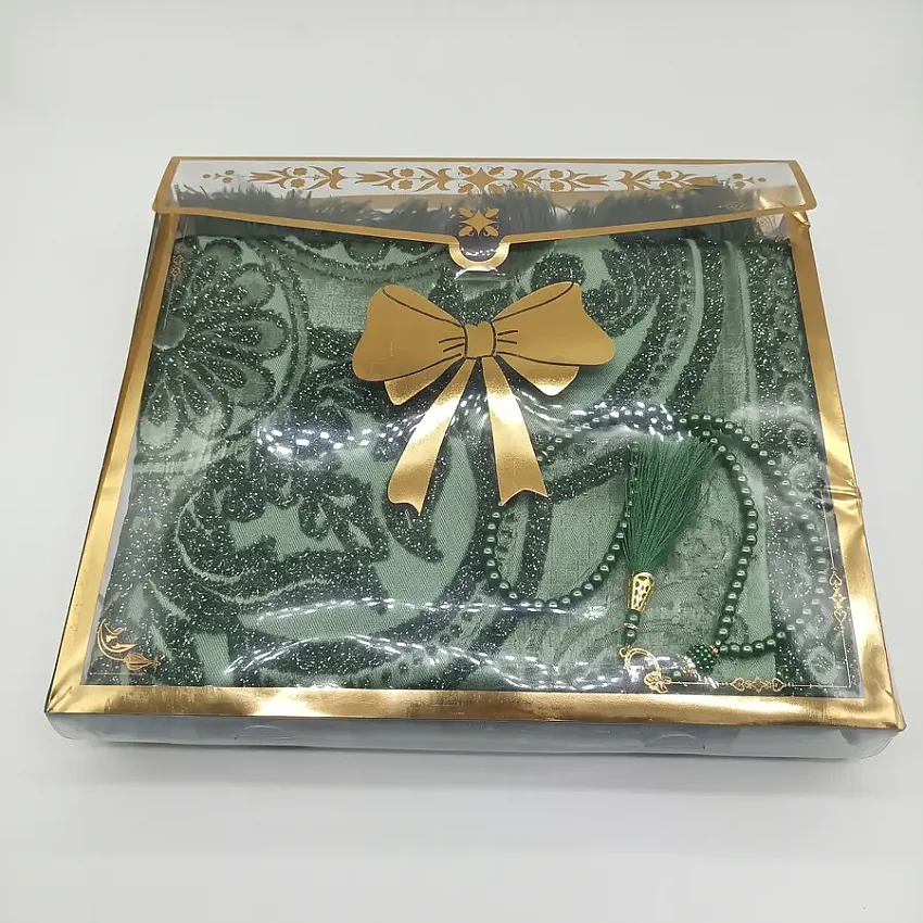Simli Kutulu Seccade & Tesbih Seti 70x115 500 Gr Yeşil M1 - 1