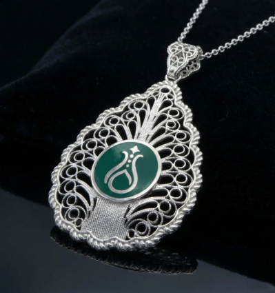 Telkari Damla Gümüş Kadın Kolye - Serhendi Logolu M2 Yeşil - Serhendi Logolu Ürünler