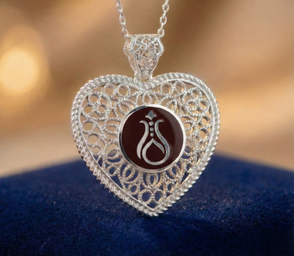 Telkari Kalp Gümüş Kadın Kolye - Serhendi Logolu M1 Bordo - 1