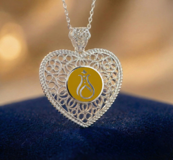 Telkari Kalp Gümüş Kadın Kolye - Serhendi Logolu M1 Sarı - 1