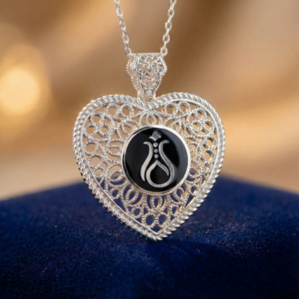 Telkari Kalp Gümüş Kadın Kolye - Serhendi Logolu M1 Siyah - Serhendi Logolu Ürünler