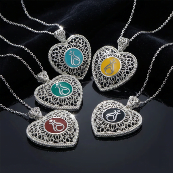 Telkari Kalp Gümüş Kadın Kolye - Serhendi Logolu M1 Siyah - 2