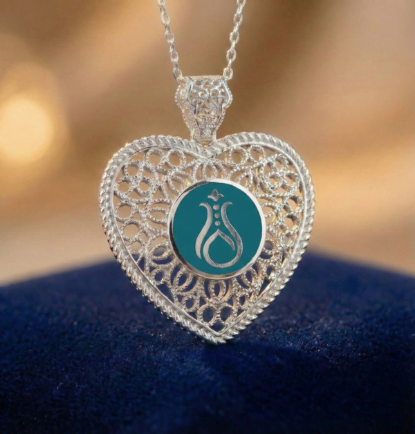 Telkari Kalp Gümüş Kadın Kolye - Serhendi Logolu M1 Turkuaz - 1