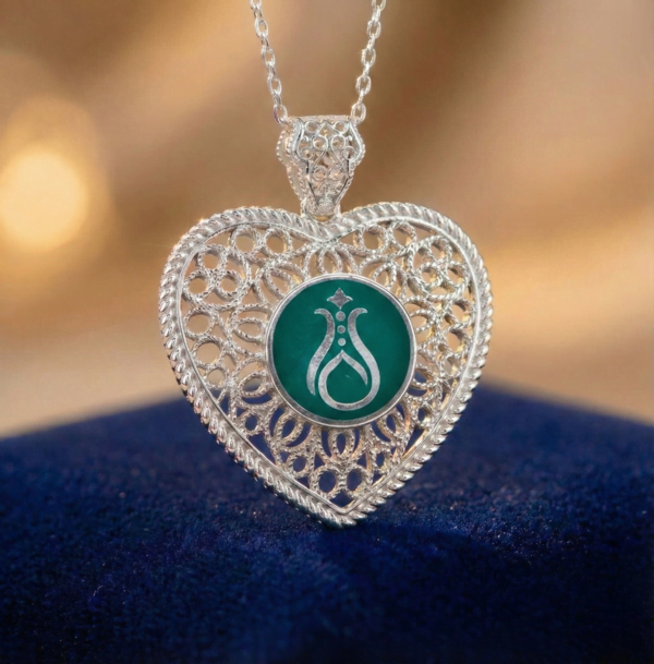 Telkari Kalp Gümüş Kadın Kolye - Serhendi Logolu M1 Yeşil - 1