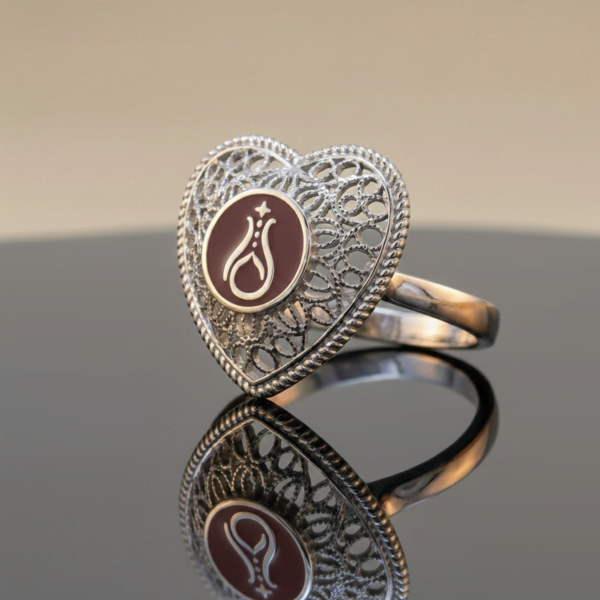 Telkari Kalp Gümüş Kadın Yüzük - Serhendi Logolu M1 Bordo - 1