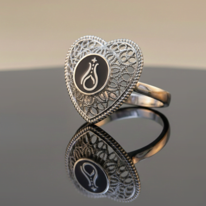 Telkari Kalp Gümüş Kadın Yüzük - Serhendi Logolu M1 Siyah - Serhendi Logolu Ürünler