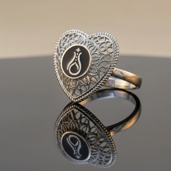 Telkari Kalp Gümüş Kadın Yüzük - Serhendi Logolu M1 Siyah - 1