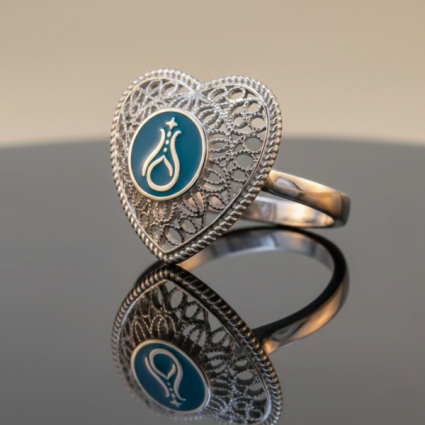 Telkari Kalp Gümüş Kadın Yüzük - Serhendi Logolu M1 Turkuaz - Serhendi Logolu Ürünler