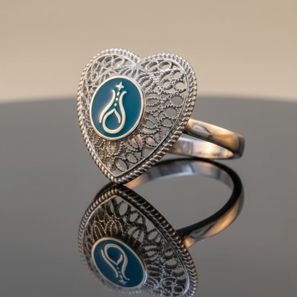 Telkari Kalp Gümüş Kadın Yüzük - Serhendi Logolu M1 Turkuaz - 1