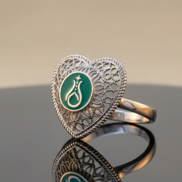 Telkari Kalp Gümüş Kadın Yüzük - Serhendi Logolu M1 Yeşil - 1
