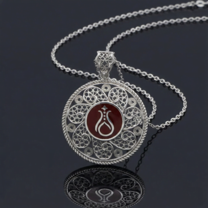 Telkari Yuvarlak Gümüş Kadın Kolye - Serhendi Logolu M3 Bordo - Serhendi Logolu Ürünler