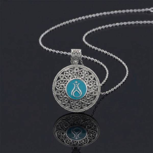 Telkari Yuvarlak Gümüş Kadın Kolye - Serhendi Logolu M3 Turkuaz - 1
