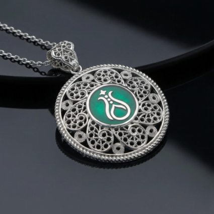 Telkari Yuvarlak Gümüş Kadın Kolye - Serhendi Logolu M3 Yeşil - Serhendi Logolu Ürünler