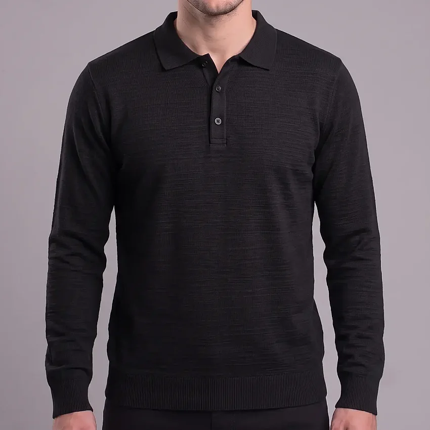 Yakalı Jakarlı Sweatshirt Siyah CHT - 1